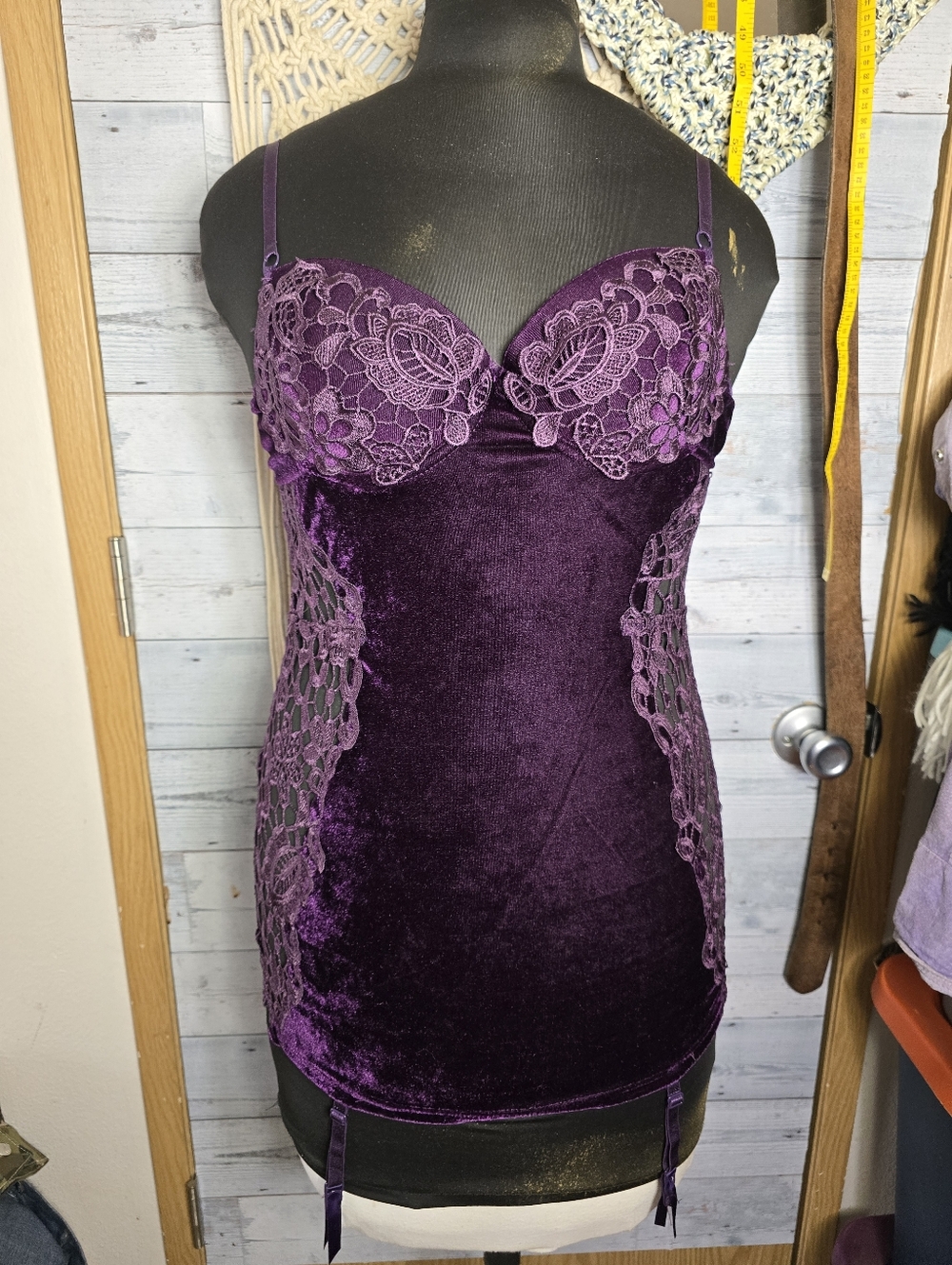 Purple Lace-Accent Velvet Chemise Babydoll Top with Garter Clips